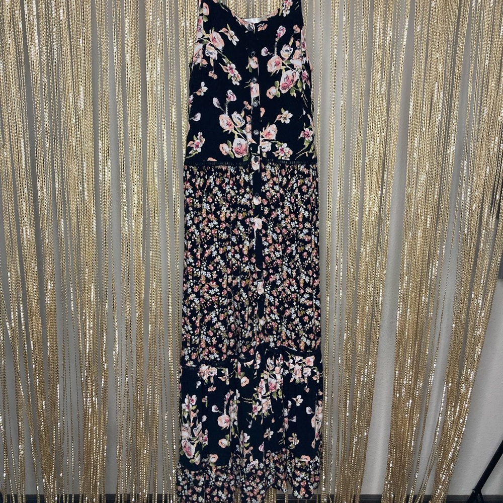 Pink and black floral button down boho maxi dress spaghetti strap sundress